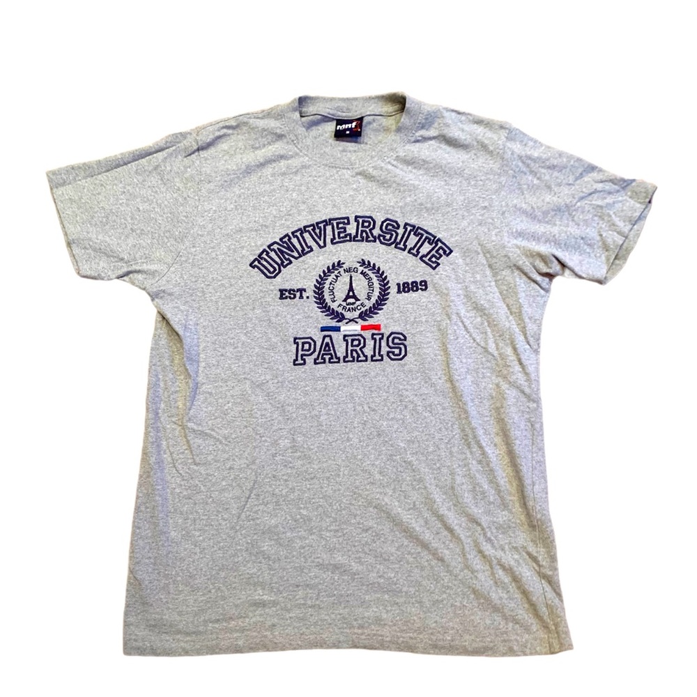 PARIS COTTON T SHIRT UNIVERSITE DE PARIS EMBROIDERED GRAY SZ MED NEW UNISEX.